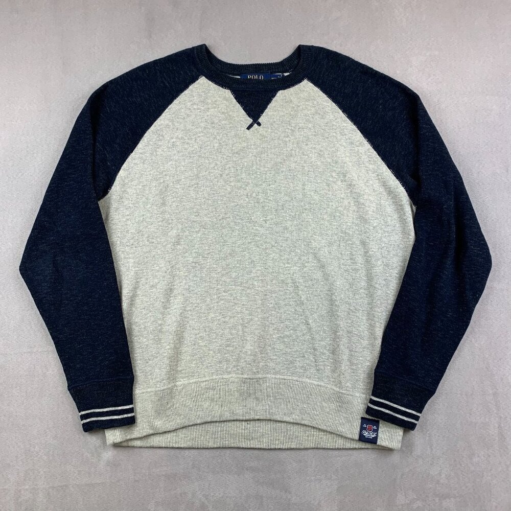 Ralph Lauren Polo Mens Sweater Medium Gray Blue Colorblock Crewneck Long Sleeve